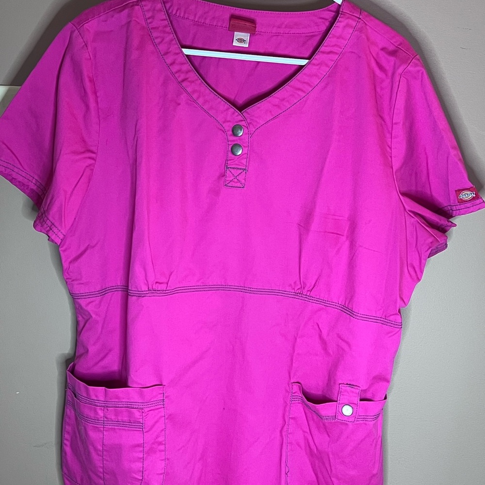 Pink gently worn Dickies scrub top w/ ruching.